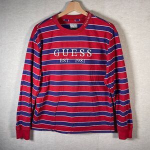 GUESS Long Sleeve Stripe Shirt Mens Small Red Blue Y2K Streetwear Logo Preppy